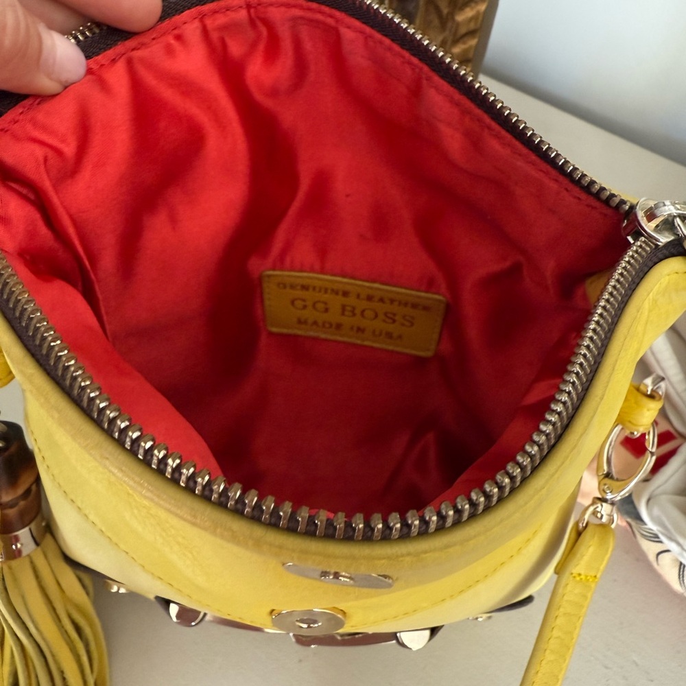 Sunny Yellow Leather Crossbody with Horsebit like and Bamboo Tassel Accent - Picture 8 of 10